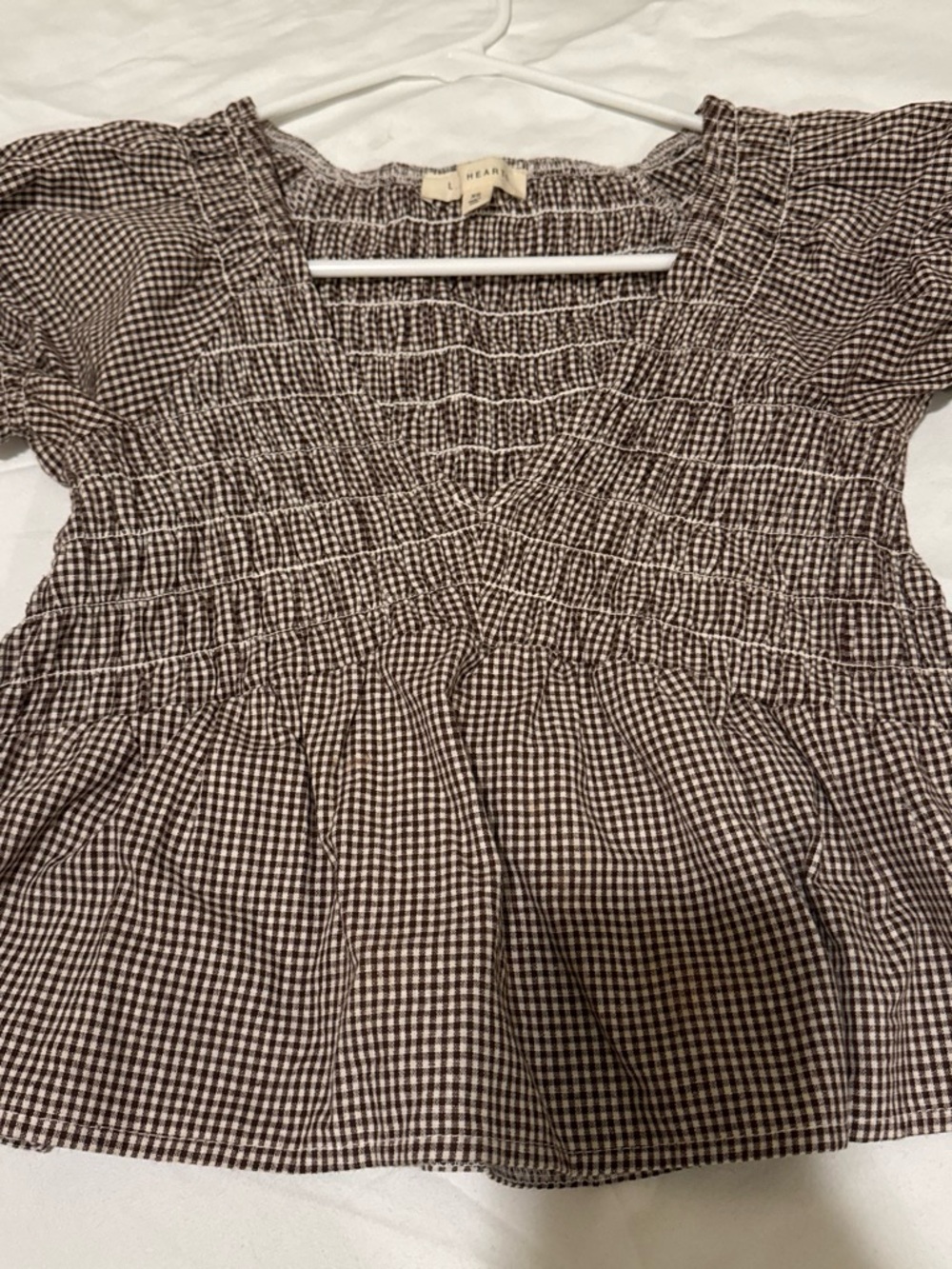 La Hearts Brown Gingham Smocked Peplum Top